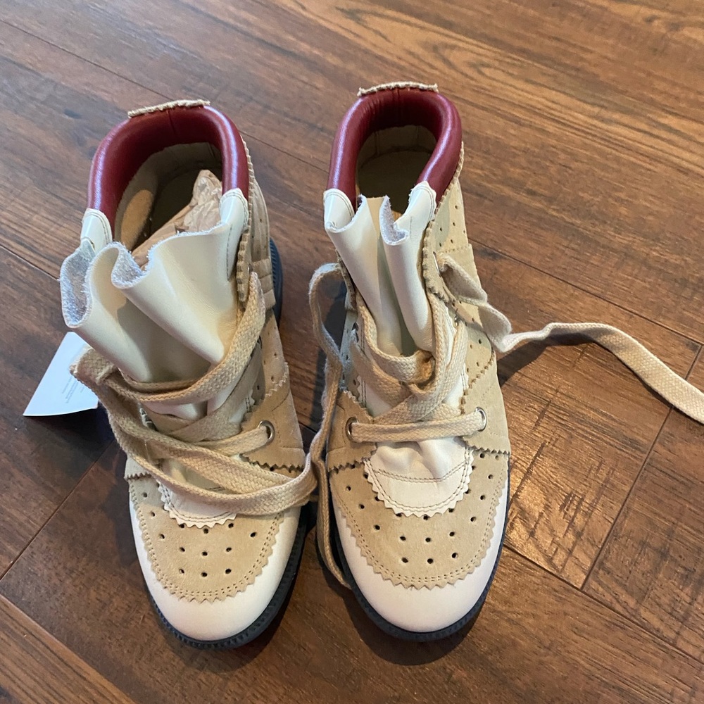 Isabel Marant Beige, White & Red Perforated Wedge Sneaker Boots - Picture 4 of 10